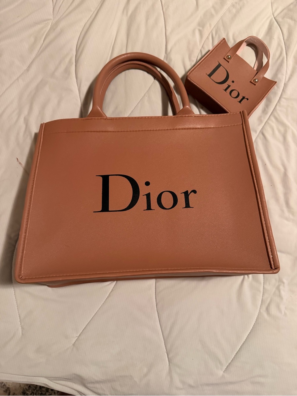 Dior Rose Tan Leather Tote with Mini Dior Charm